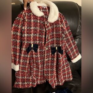 Blueberi Boulevard Red and Black Plaid Coat with White Faux Fur
